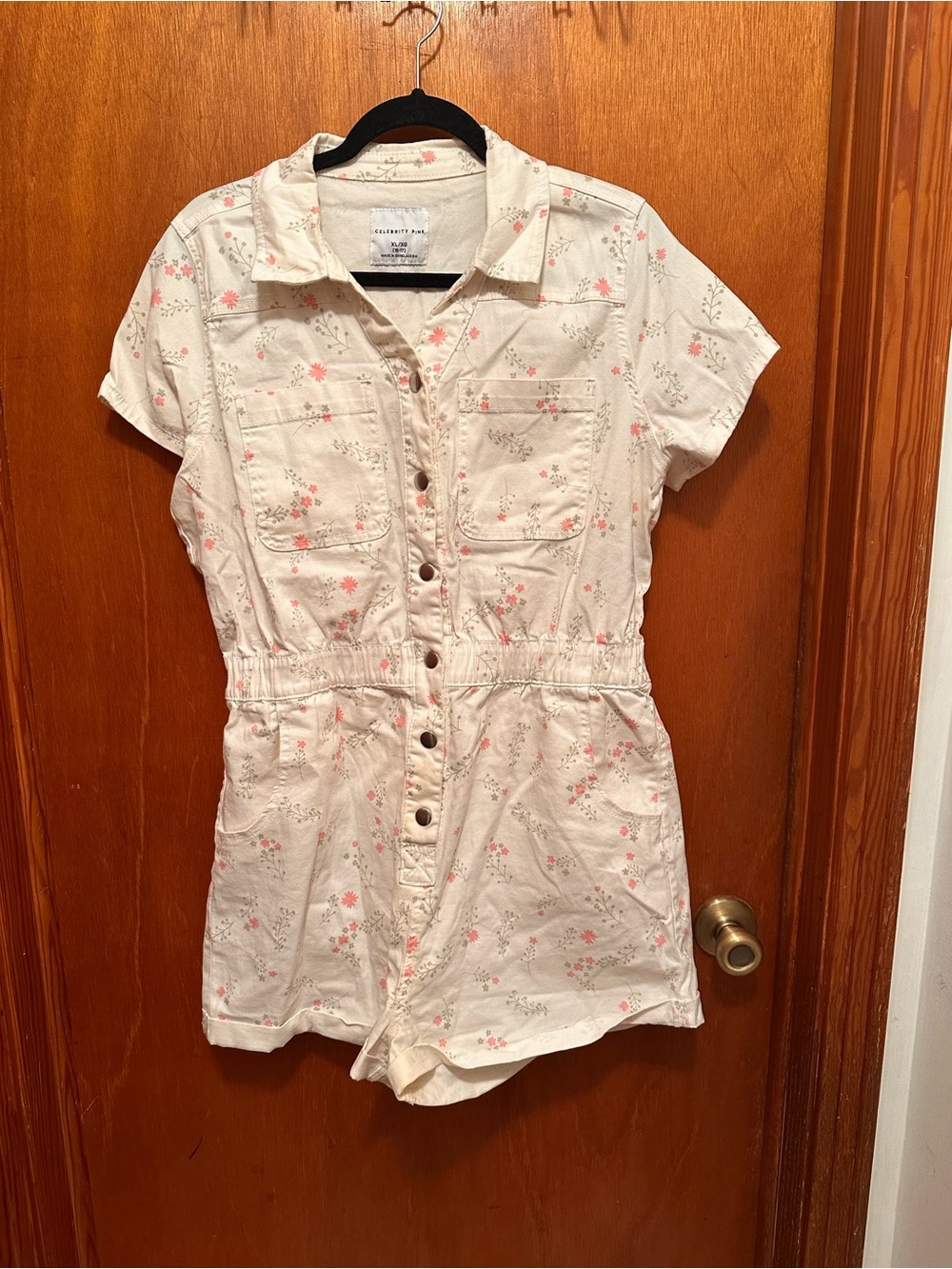 Celebrity Pink Cream Floral Button-Up Romper with Pink Flowers